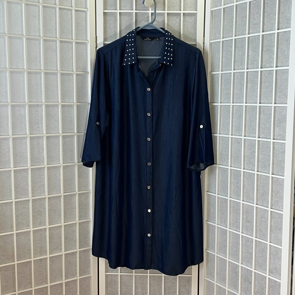 Mlle Gabrielle Navy Blue Shirt Dress, Silver studs and buttons, XL